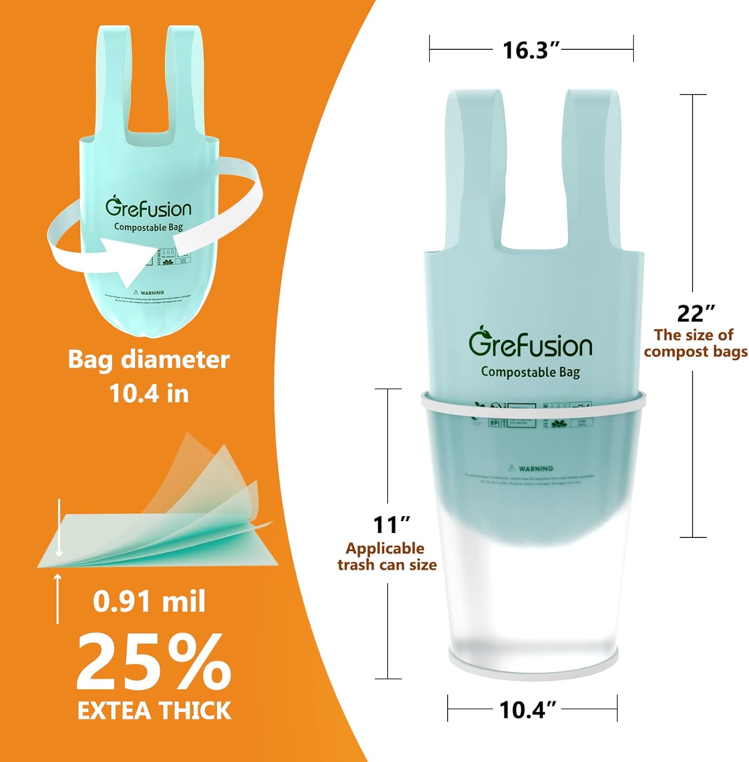 Compostable Trash Bags with handle-tie,Garbage Bags, 2.6 Gallon,Food Waste Bags,Small trash bags for compost bin kitchen,Certified by BPI and OK Compost (2.6G-50count)