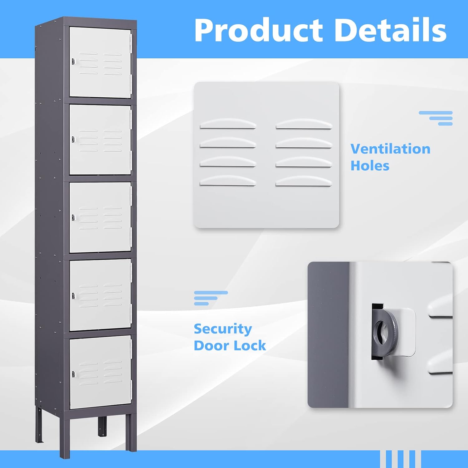 Letaya Storage Locker,5 Door Employees Metal Cabinet with Lock for School Gym Home Office Staff 66" H X 12" W X 12" D