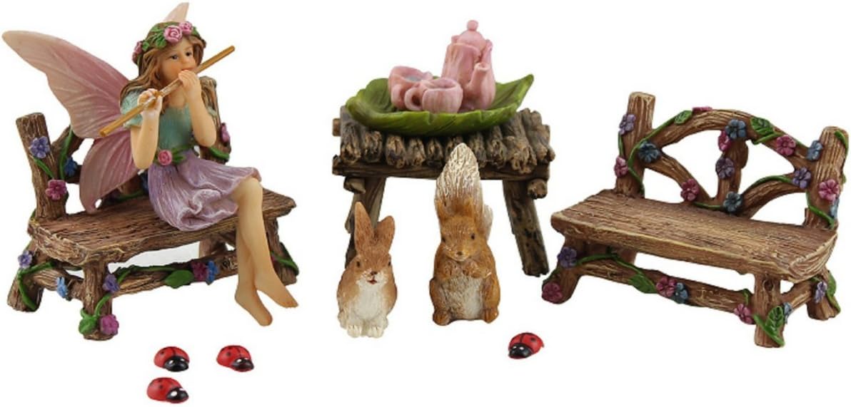 PRETMANNS Fairy Starter Kit with Accessories for Indoor Outdoor Miniature Garden – Adorable Figurine with Furniture, Squirrel, Bunny & Tea Set – 14 Piece Hand-Painted Resin Set