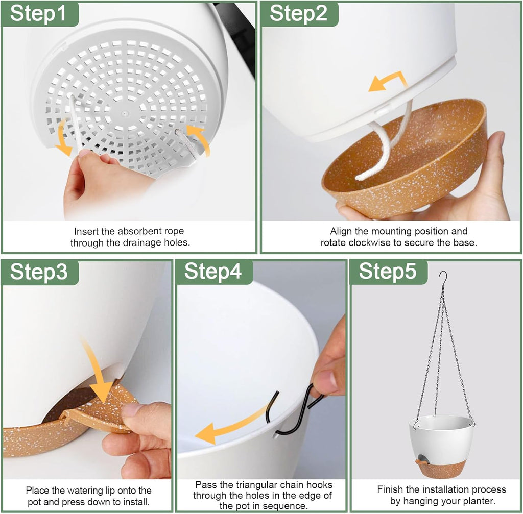 10/9/8 Inch Hanging Planter for Indoor Outdoor Plants, 3 Pack Self-Watering Hanging Pot with Drainage Holes Hanging Planter Baskets Plant Pots with Removable Tray (White+Brown)