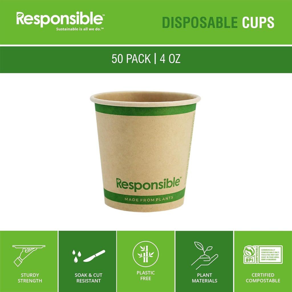 Certified Compostable 4 oz Paper Cups, Cold ＆ Hot Coffee Cups, Disposable Paper Cups, Extra Strength Disposable Cups, Made without PFAS (50 count)