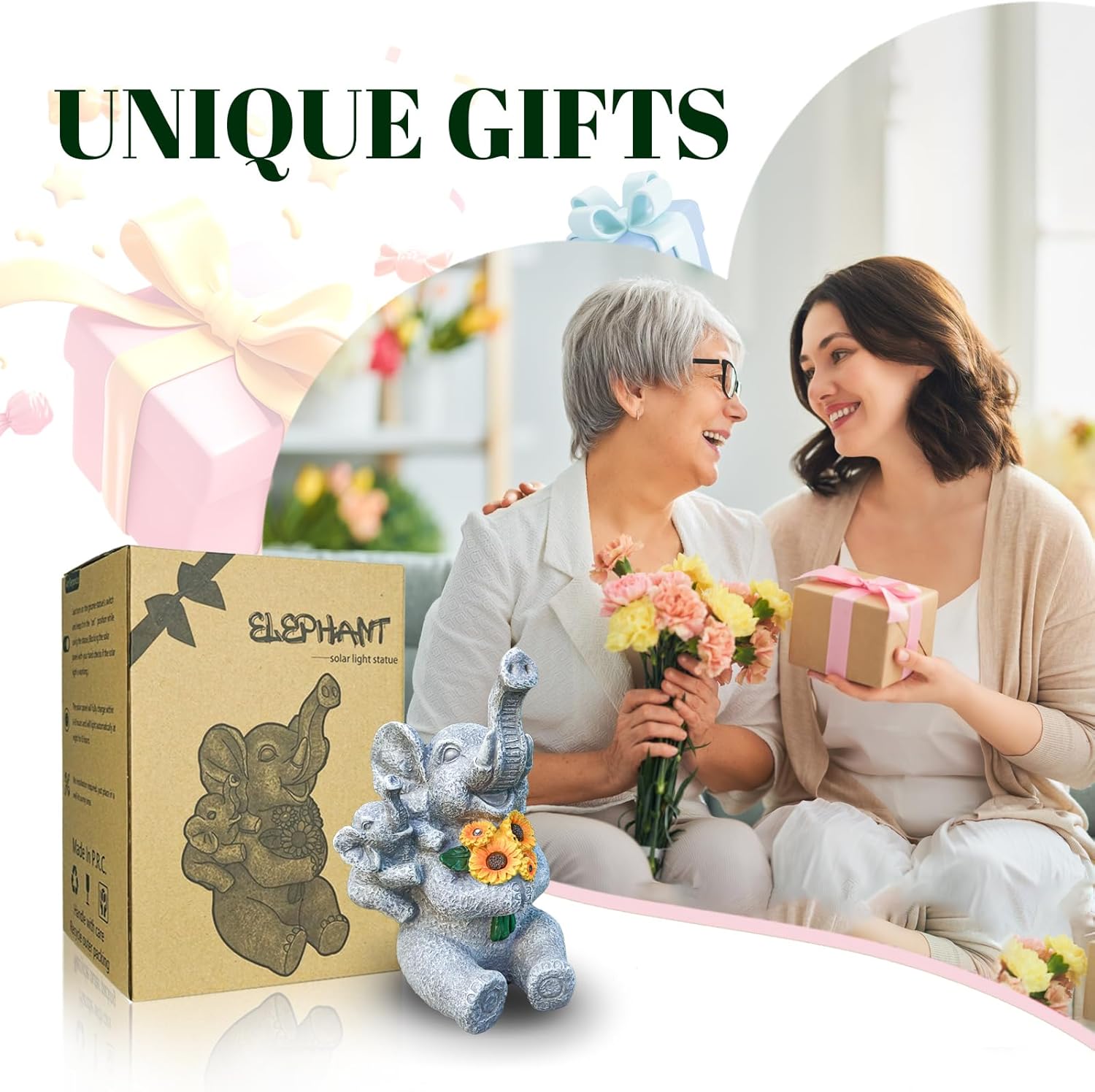 Elephant Gifts for Women, Solor Garden Statue, Elephant and Sunflower Figurine with Lights, Outdoor Decorations for Yard Backyard Patio Porch, Gifts for Mom Daughter Grandma Friend Gardener