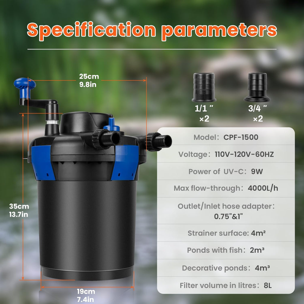 Anbull Bio Pressure Pond Filter, 1060GPH Pressurized Biological Pond Filter with 9watt Light, Pond Filter System with Convenient Cleaning Crank Handle for Fountain Pool, Koi Fish Aquarium Tank
