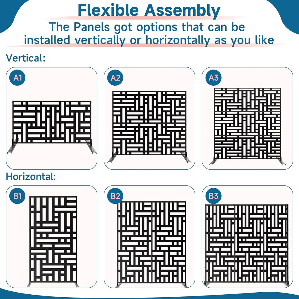 Metal Privacy Screen 72" H x 47.2" Decorative Outdoor Privacy Screen Privacy Panel with Stand for Balcony Deck Patio Lawn Garden, Privacy Fence (Black-Street)