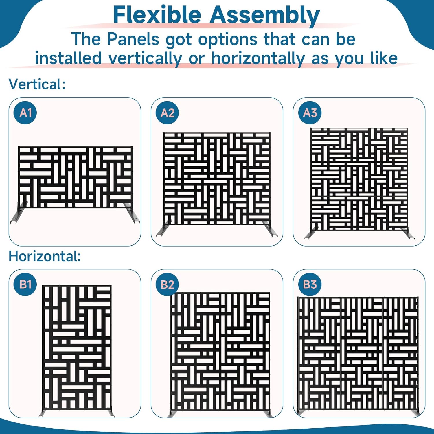 Metal Privacy Screen 72" H x 47.2" Decorative Outdoor Privacy Screen Privacy Panel with Stand for Balcony Deck Patio Lawn Garden, Privacy Fence (Black-Street)
