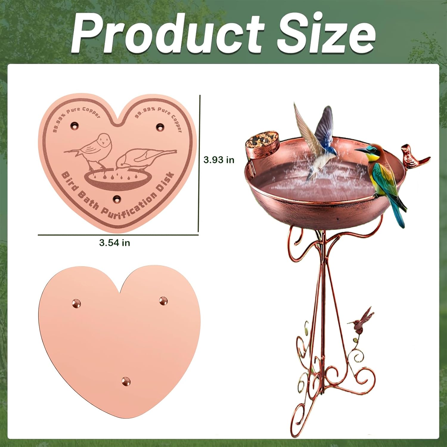 4-Pack 99.99% Pure Copper Bird Bath Purification Disk,Copper Disc with Stable Triple-Point Support,Fits All Outdoor Bird Baths(Heart-Shaped)