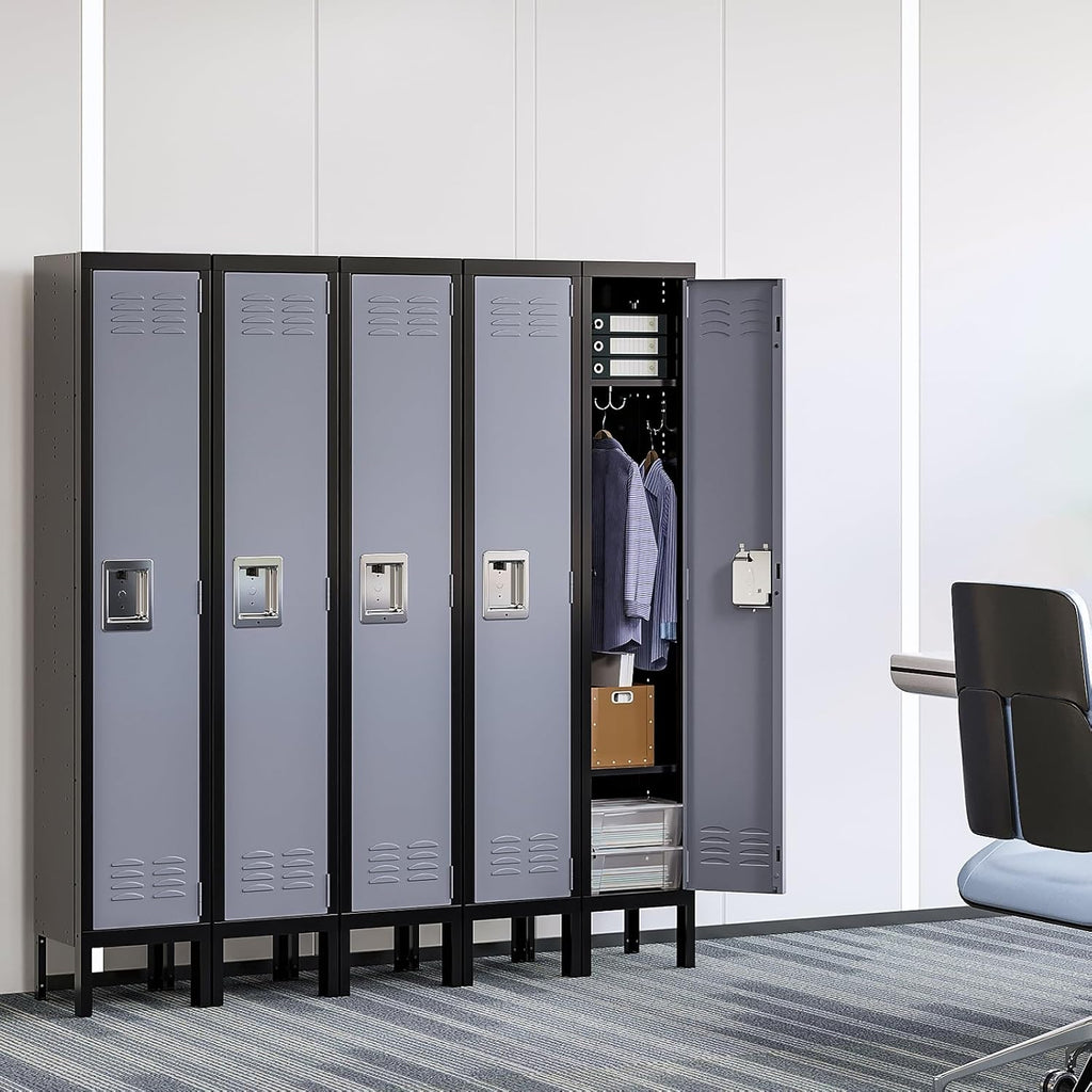 Yizosh Metal Lockers for Employees with Lock, Employees Locker Storage Cabinet with 1 Doors, Tall Steel Storage Locker for Gym, School, Office (Gray Black, 1 Door)