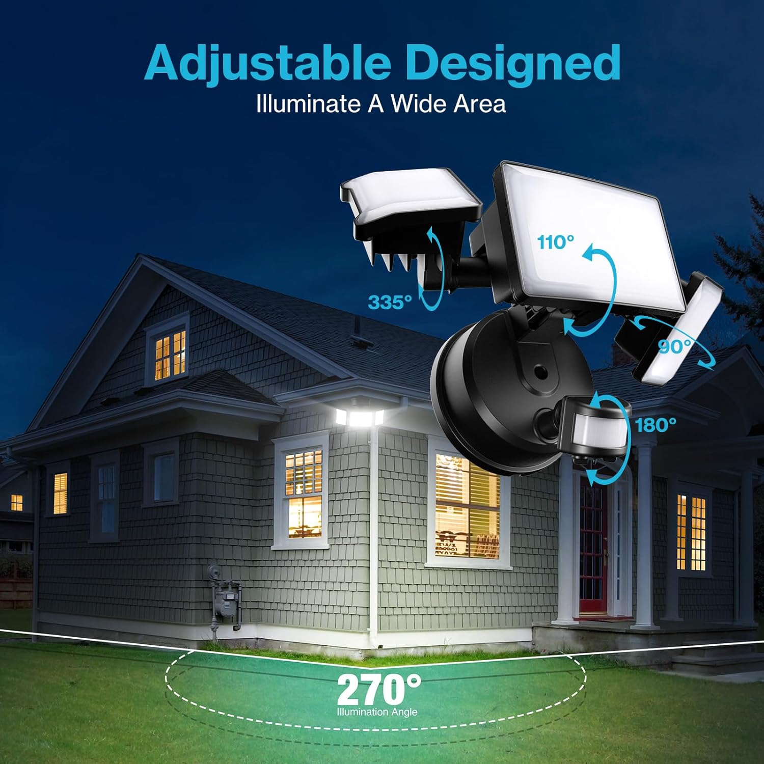 Olafus 65W Motion Sensor Outdoor Light, 2 Pack LED Security Light 6000LM, 6500K Exterior Motion Flood Light with 3 Adjustable Heads, for Outside Garage, Yard, Patio, IP65 Waterproof, Black