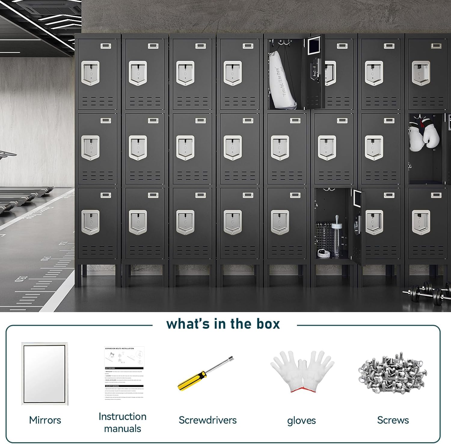 Metal Lockers - 66" Height Steel Lockers for Employees with 3 Door Storage Locker with Card Slot for Employees Gym School Home Office Garage - Assembly Required