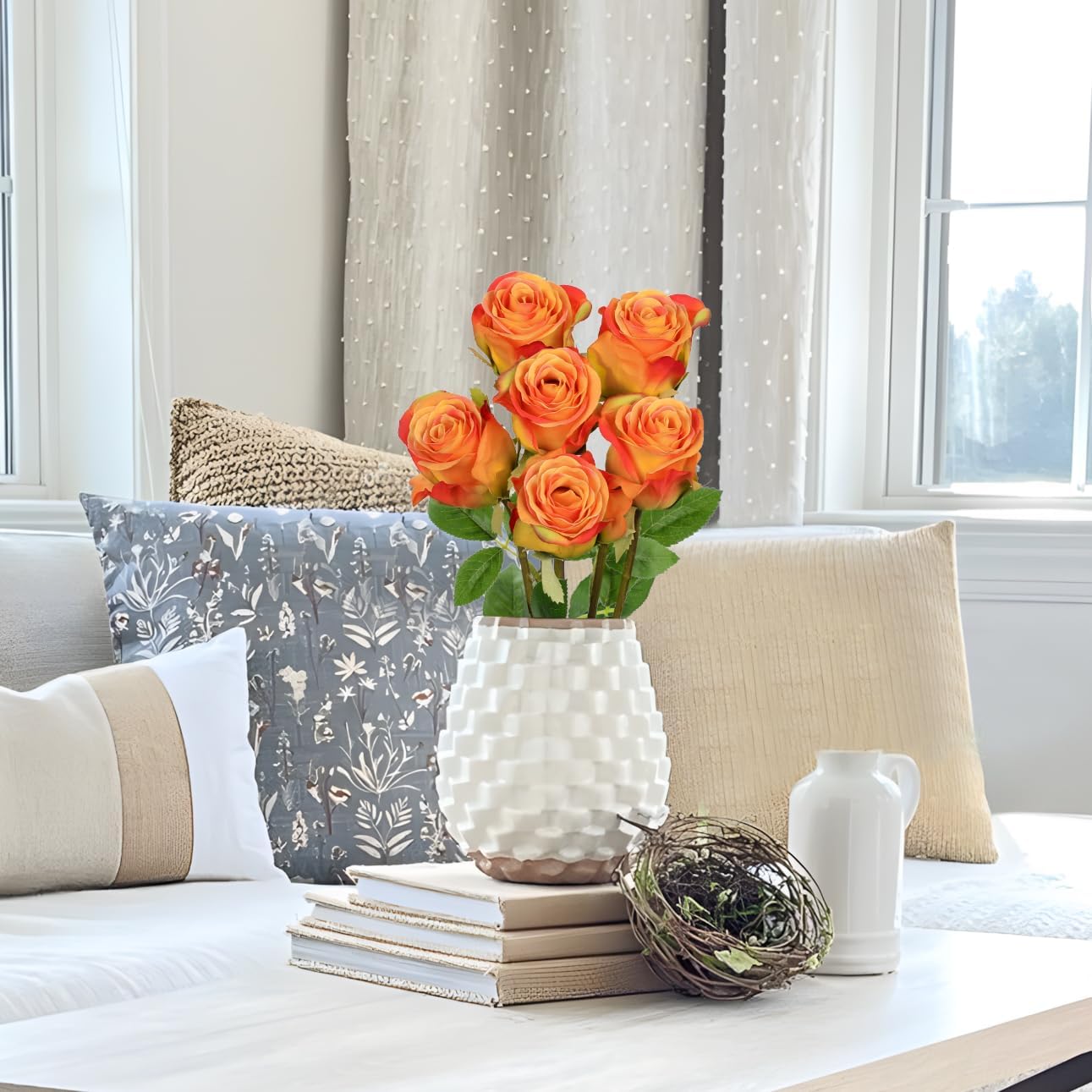 Briful Roses Artificial Flowers– 6PCS 18.9" Orange Rose Silk Flowers with Long Stems Realistic Fake Rose Bouquet for DIY Wedding Arrangements Table Vase Centerpieces Home Event Decor