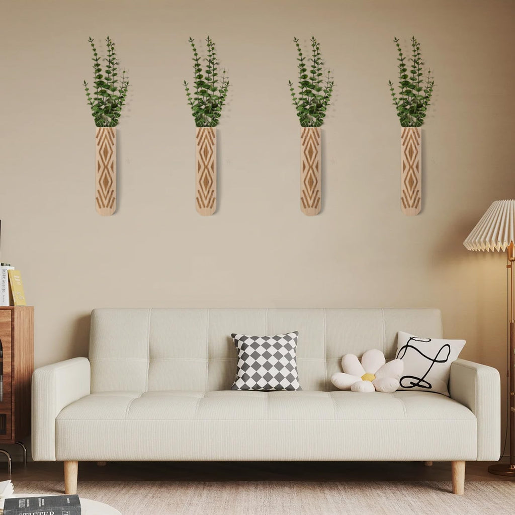 Wooden Wall Planter Set of 4 - Modern Bohemian Home Decor for Living Room, Bedroom, Bathroom - Beige Finish Planter for Dried Flowers, Faux Greenery, Indoor Plants