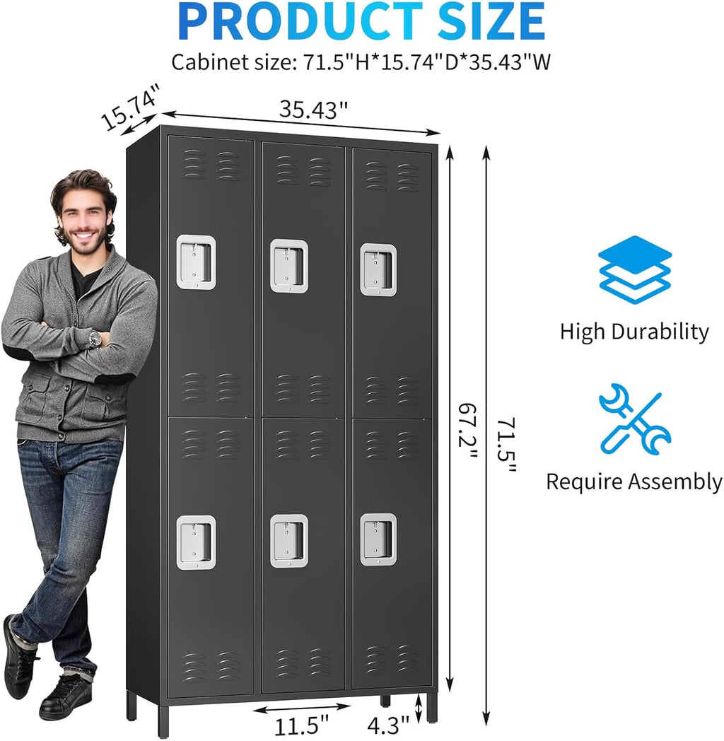 72" Metal Lockers for Employees with 6 Door, Black Metal Storage Cabinet with 18 Hooks, Industrial Locker, Assembly Required, for Gym, School, Classroom, Home, Bedroom, Office, Industrial