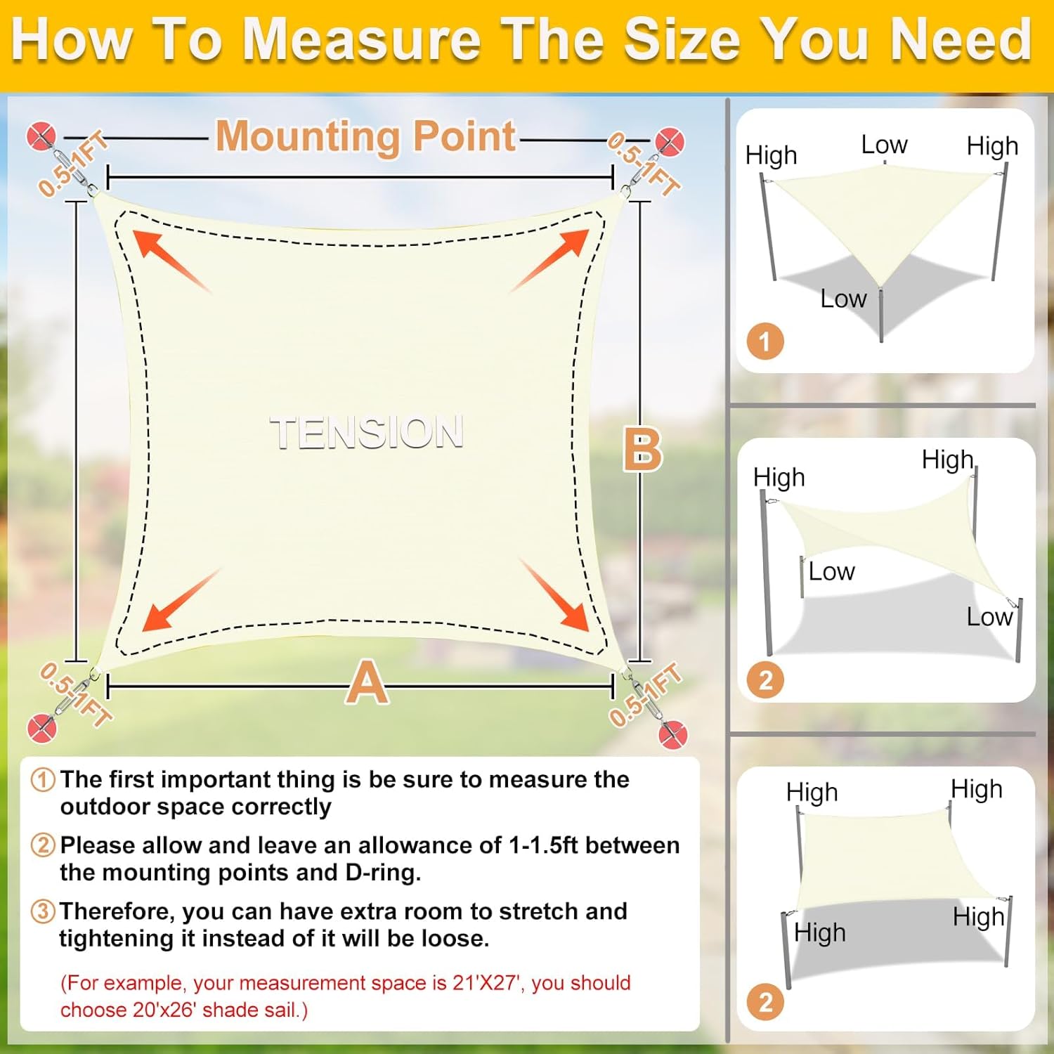 KANAGAWA Sun Shade Sail Curved 16'X16' Cream Rectangle Outdoor Shade Cover UV Blovk Canopy for Patio Garden Backyard Heavy Duty Permeable 185GSM (We Make Custom Size)