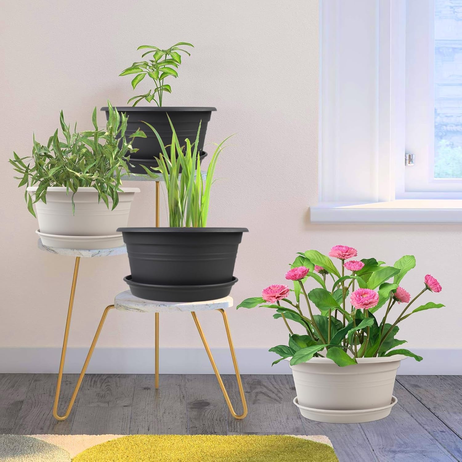 Large Flower Pots Set of 4 Pack 13 inch, Plant Pots Large Outdoor Planters with Drainage Hole & Tray Saucer, Decoration Plastic Pots for Plants for Indoor Outdoor Garden Home Plants Planter (Grey)