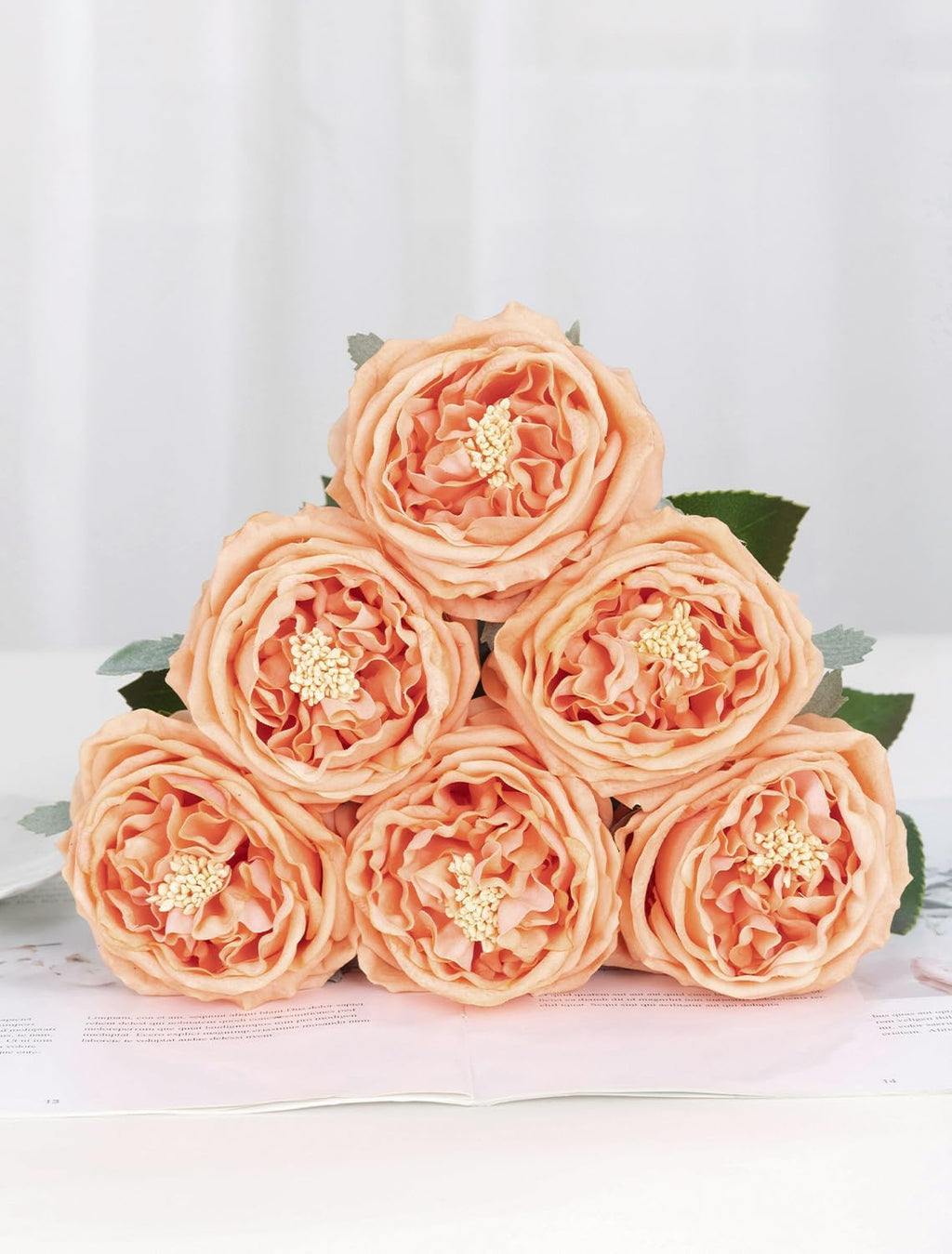 DuHouse 5Pcs Silk Roses Fake White Roses with Stems Real Touch Rose Artificial Flowers for Arrangement Wedding Party Home Decoration(Peach Fuzz)