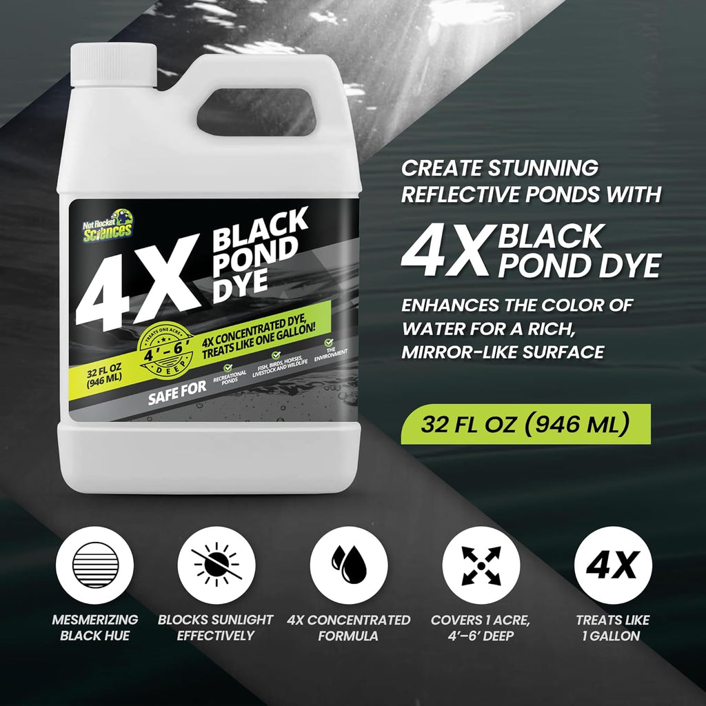 32oz Reflective Black Pond Dye, 4X Concentrate Pond Dye Black, Natural Looking and Long Lasting Liquid Lake Colorant, Protects Against Sunlight - Ideal for Fish, Birds, and Wildlife