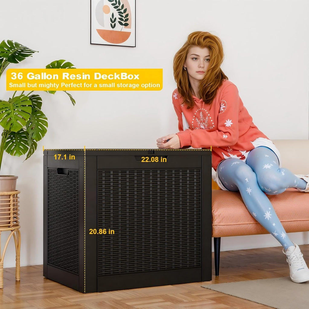 31 Gallon Outdoor Deck Box,Storage Lockable Waterproof Patio Furniture,Garden Tools,Cushions,Pool Accessories Outside Storage Resin Box(Black)