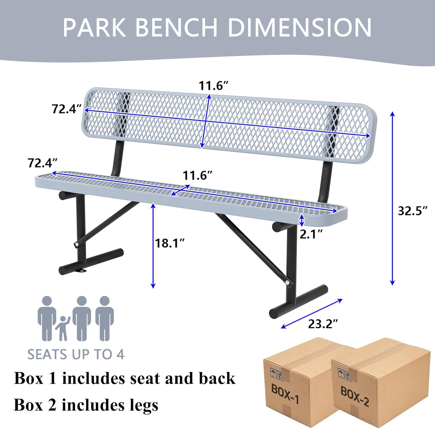 6 Feet Heavy Duty Metal Park Bench for Outside, Outdoor Bench with Backrest & Portable Frame, Commercial Benches for Shopping Malls, Stores, Parks, Patios, Decks, Grey