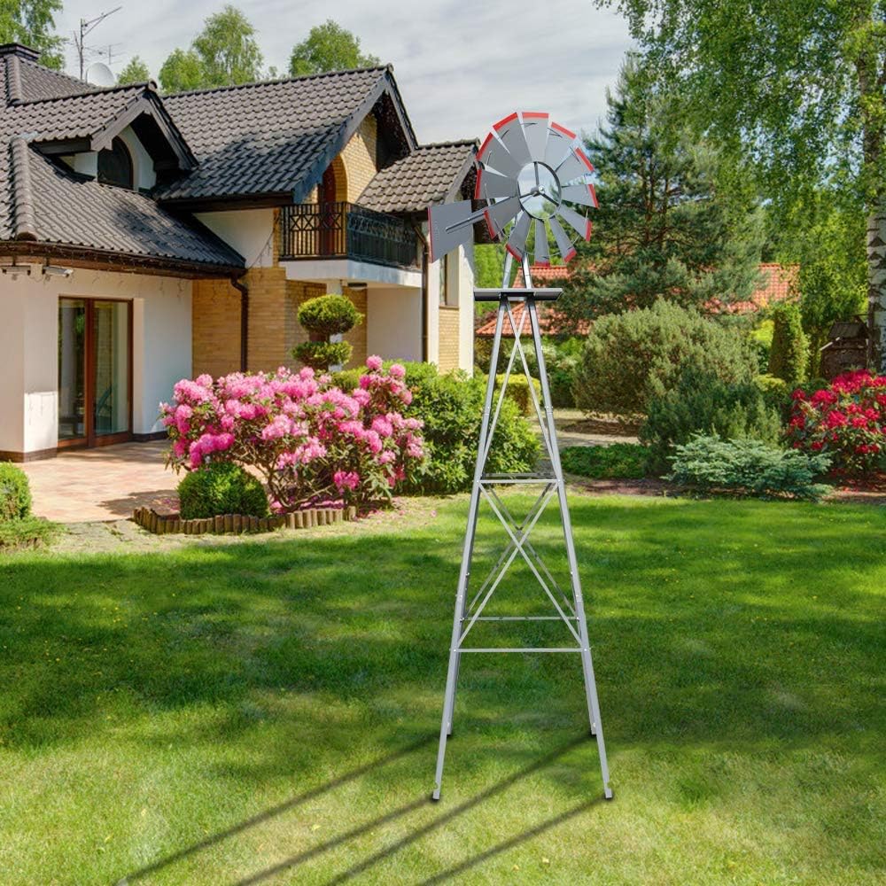 VINGLI 8FT Ornamental Windmill Backyard Garden Decoration Weather Vane, Heavy Duty Metal Wind Mill w/ 4 Legs Design (Grey, 8, Feet, 21.6, Inches, 8.00, Feet, 25.98, Inches, 25.98, Inches)