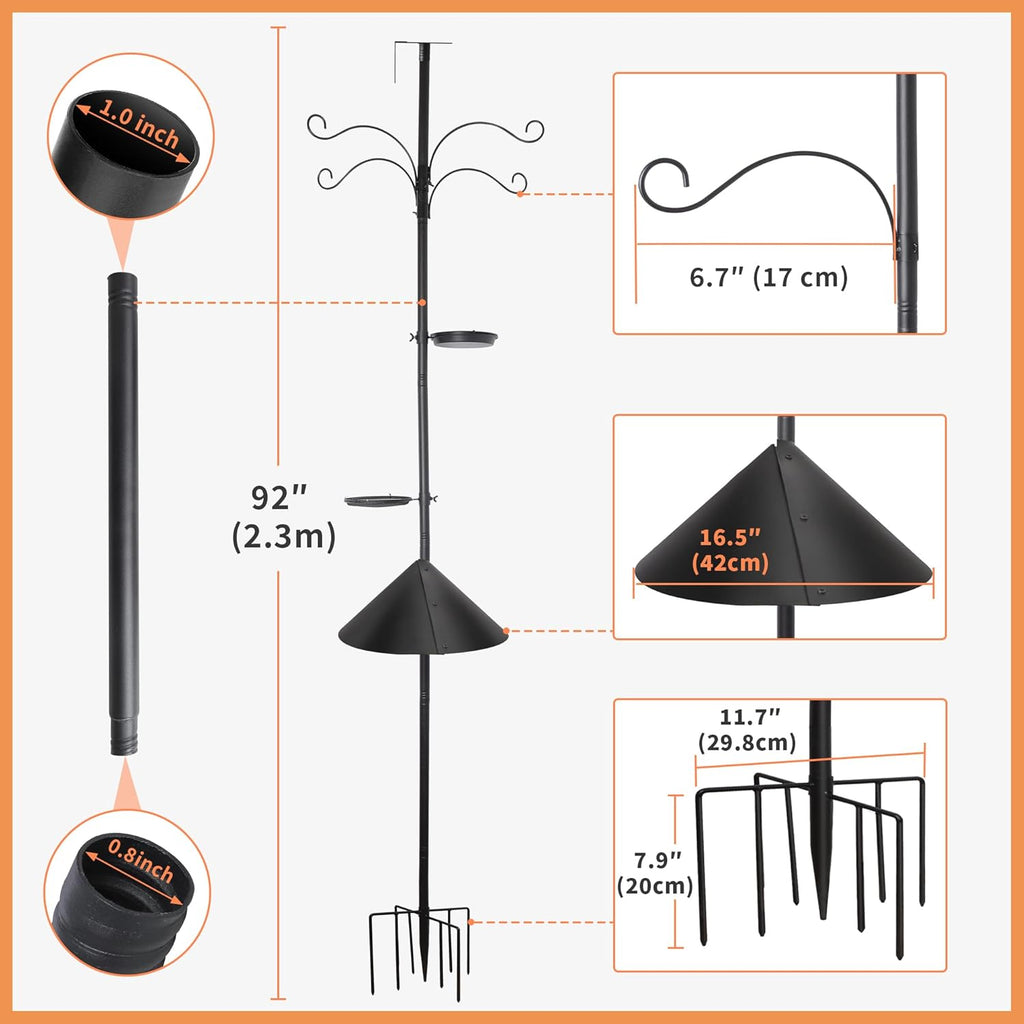 eWonLife 92 Inch Bird Feeder Pole with Squirrel Baffle & Upgraded 9-Prong Base, Adjustable Bird House Pole for Outdoors Heavy Duty, Bird Feeder Stand Post Station with 4 Shepherd Hooks, Birdbath, Tray