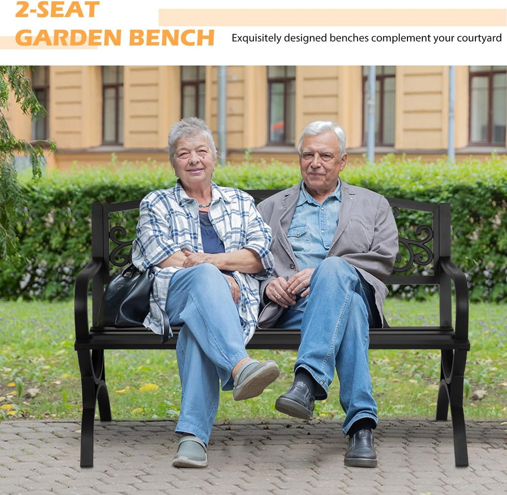 PayLessHere Black Outdoor Metal Loveseat Chairs Patio Garden Bench 50-inch Slatted Seat Armrests Floral Design Plastics Backres Perfect for Park, Yard, Porch, Lawn, Balcony, Backyard