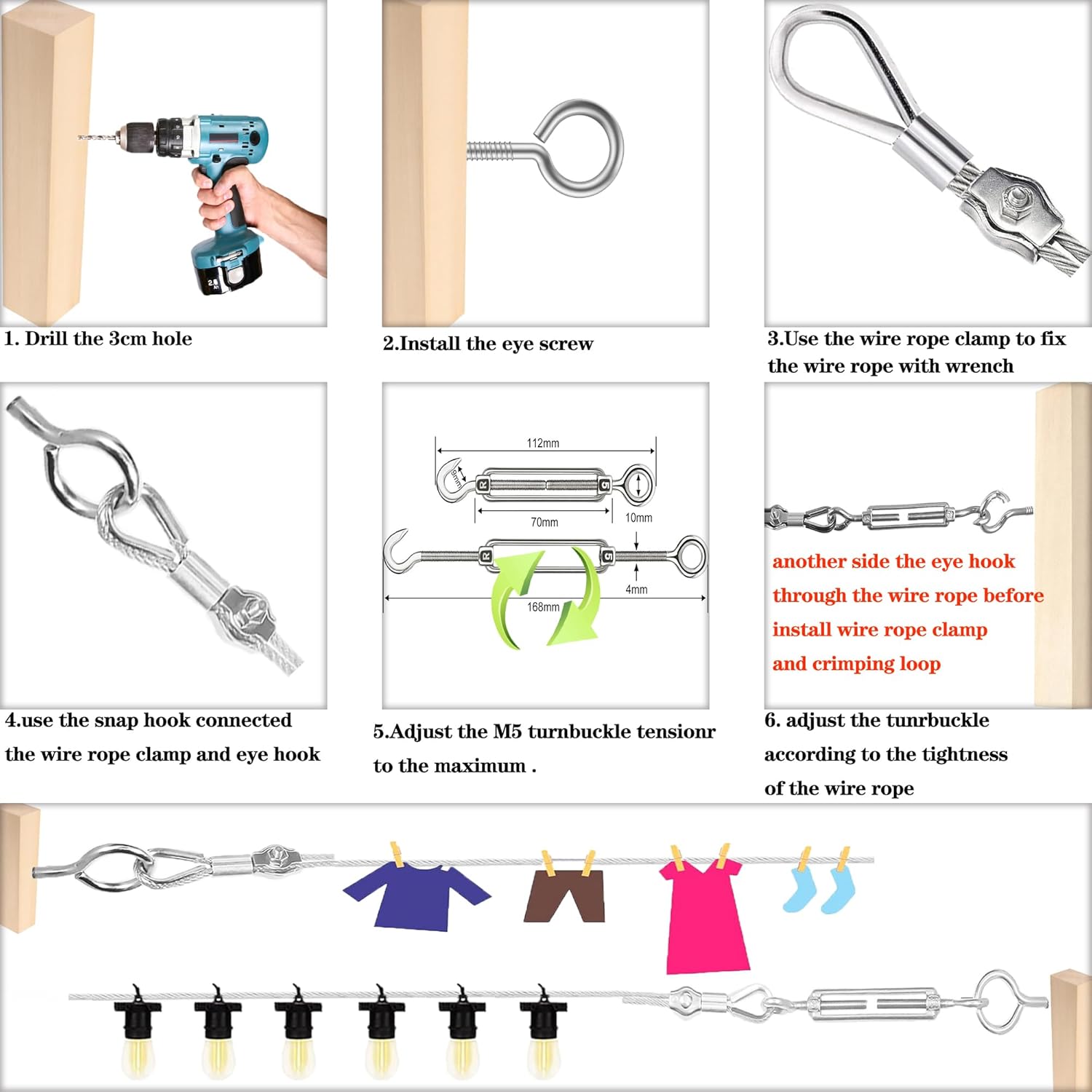 1/8" Stainless Steel Cable,1/8" Wire Rope,M5 Turnbuckle Kit,165FT Wire Tensioner for String Light Hanging Kit,Aircraft Cable,Guy Wire,Stainless Steel Wire Rope Kit