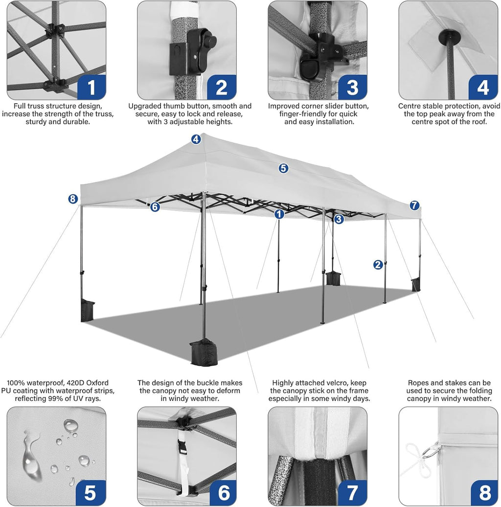 COBIZI 10x30 Pop up Canopy Heavy Duty with 8 Sidewalls, Easy Set-up Commercial Outdoor Party, 100% Waterproof Wedding Canopy Gazebo, 3 Height Adjustable with Wheeled Bag, White