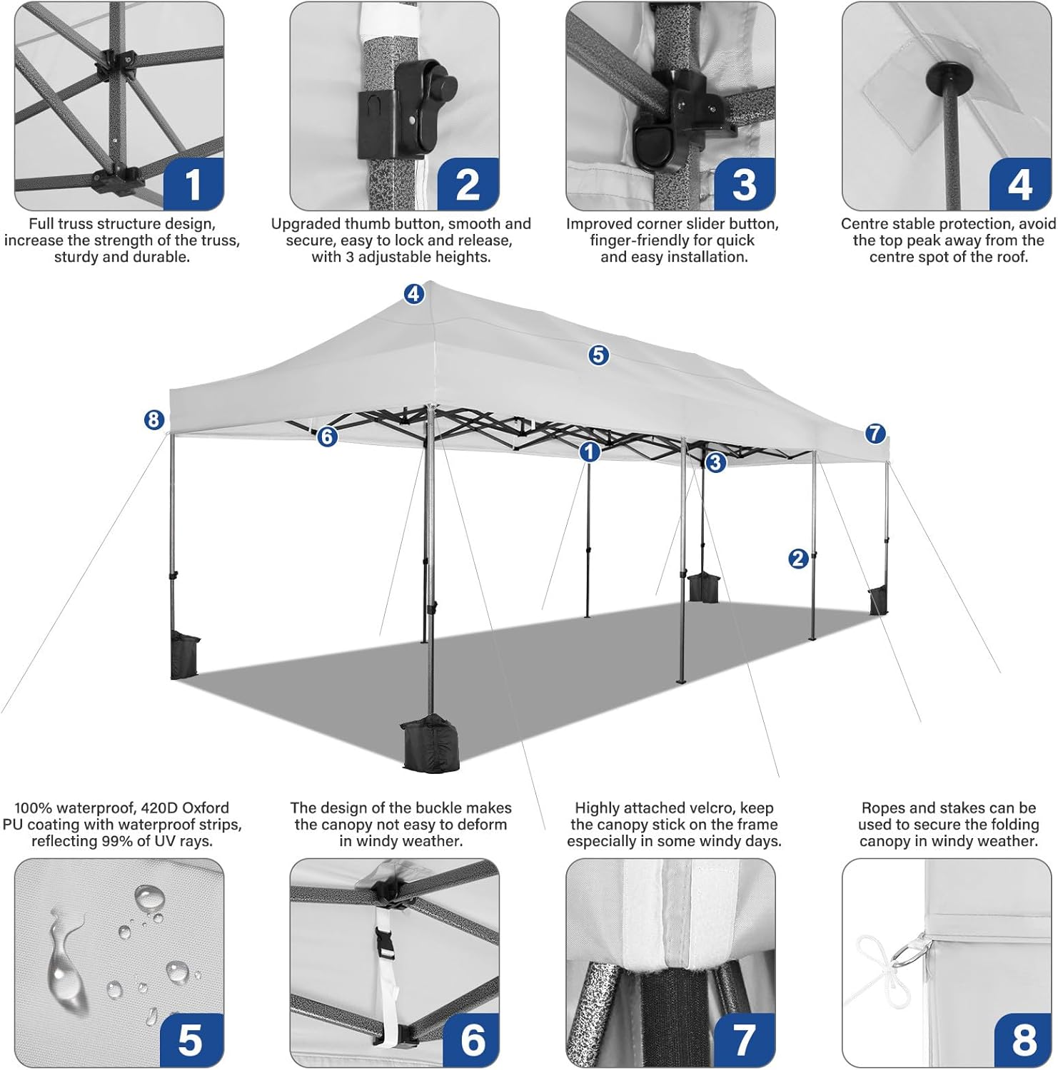 COBIZI 10x30 Pop up Canopy Heavy Duty with 8 Sidewalls, Easy Set-up Commercial Outdoor Party, 100% Waterproof Wedding Canopy Gazebo, 3 Height Adjustable with Wheeled Bag, White