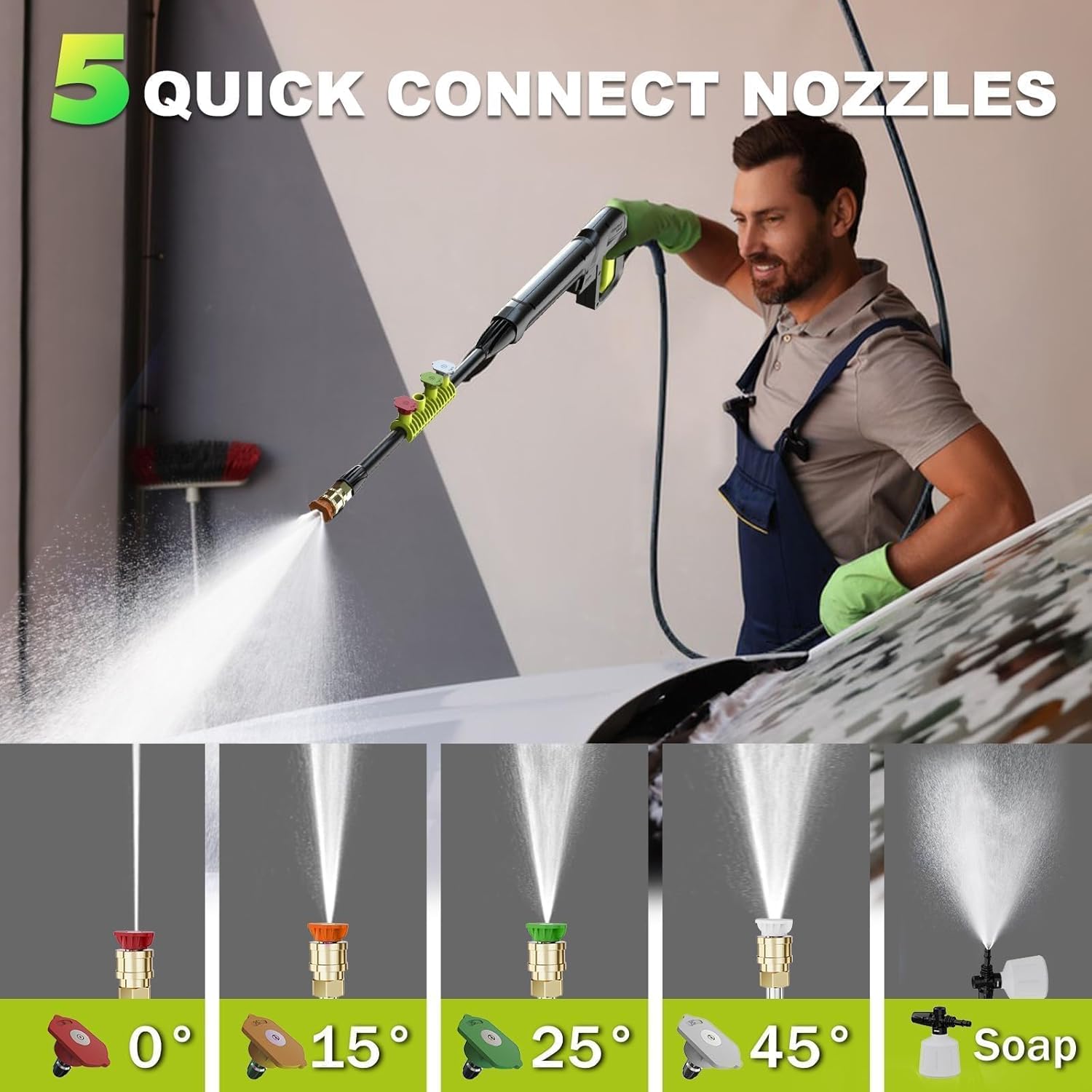 Pressure Washer, 5000PSI Max 3.6GPM with Foam Cannon 35FT Power Cord 4 Nozzles for Cars, Green