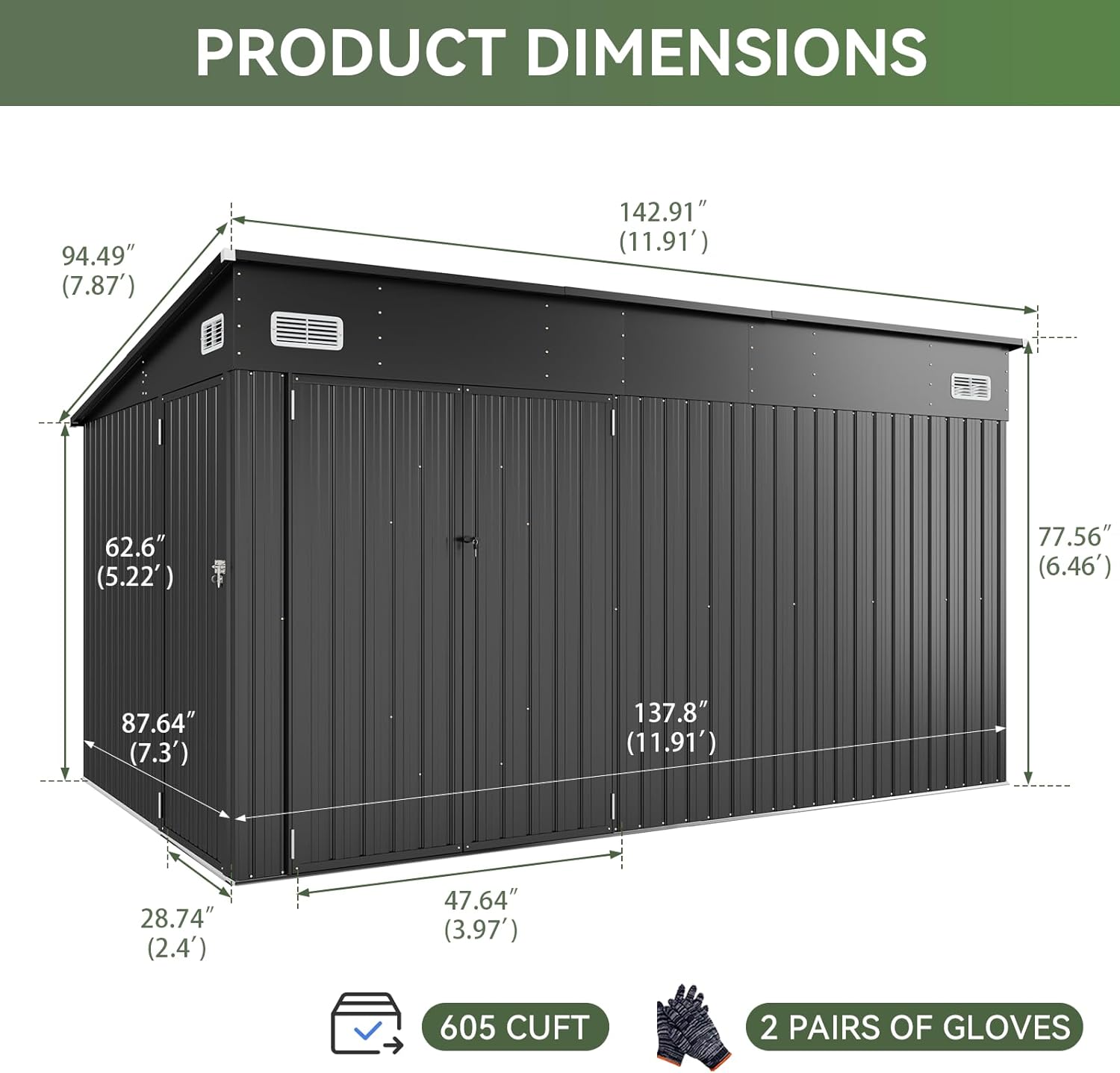 Aoxun 12' x 7.3' Shed 441 CU.FT Outdoor Waterproof Storage Shed with Triple Lockable Door Garden Metal Tool Shed for Outside (Black)