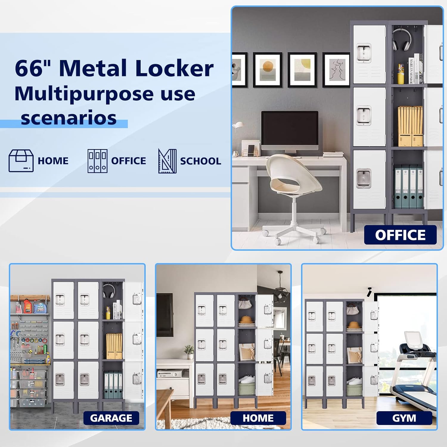 Letaya Storage Locker,66" Employees Metal Cabinet 3 Door Lockable for School Gym Home Office Staff