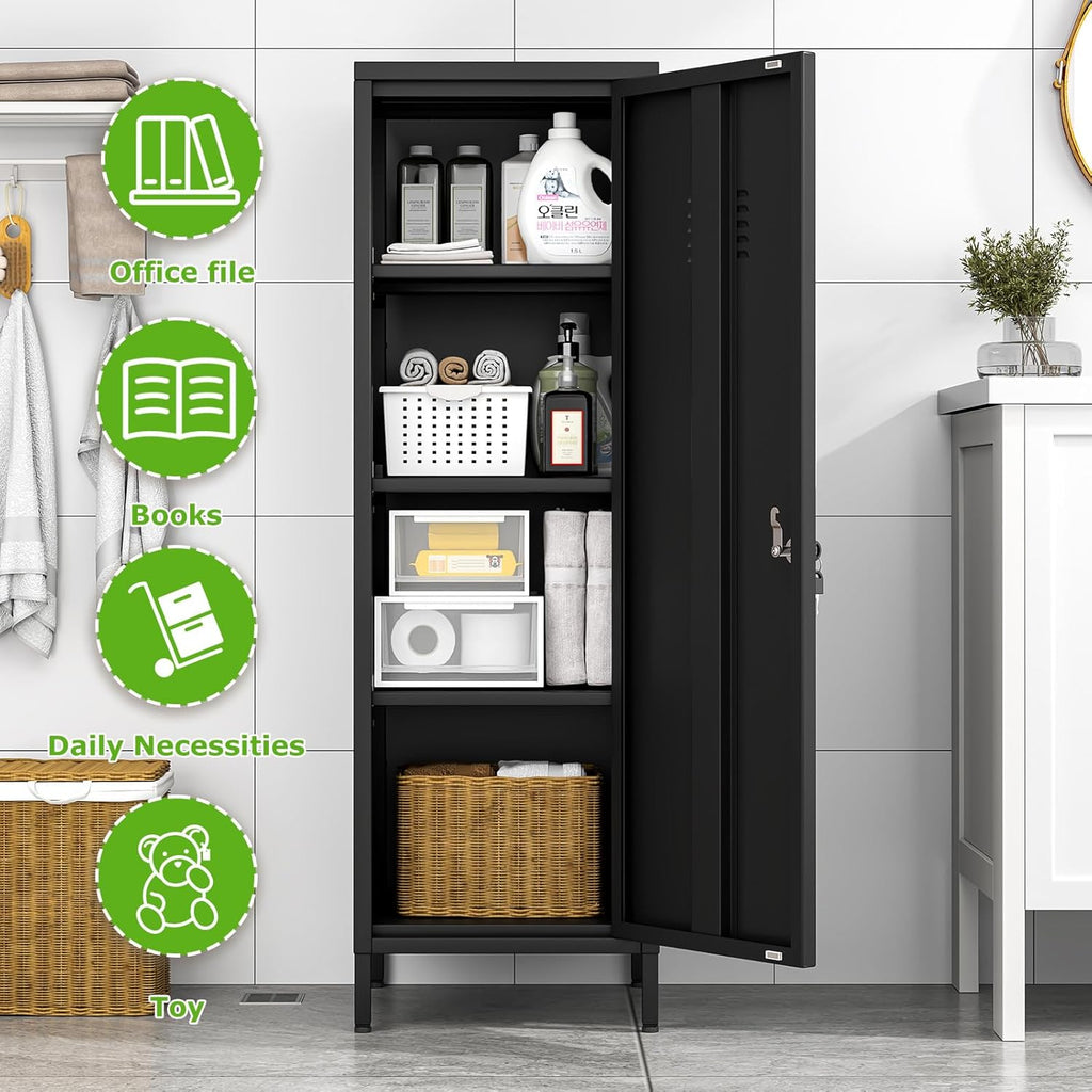 47" Metal Storage Locker, Lockable Employees Metal Locker with Door and Adjustable Shelves, Steel Locker for Home, School, Office, Gym (Black)