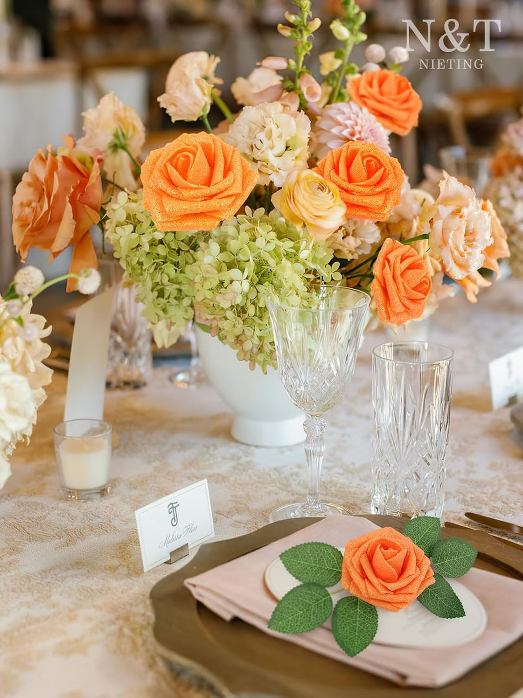 N&T NIETING Artificial Roses Flowers, Fake Glitter Flowers Burnt Orange Roses Perfect for DIY Wedding Bridal Bouquets Centerpieces Bridal Shower Party Home Flower Arrangement Decorations, 25Pcs