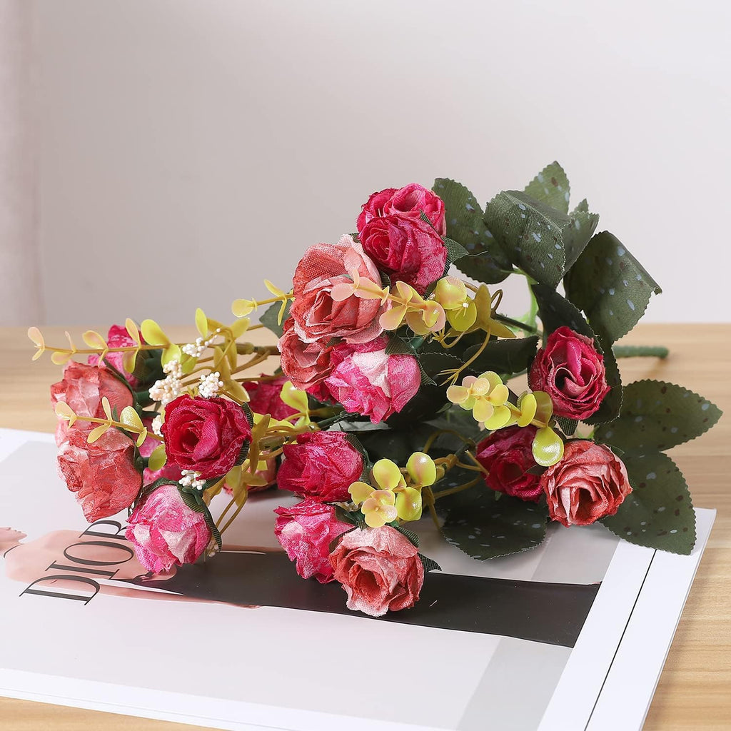 Duovlo 7 Branch 21 Mini Rose Heads Artificial Flowers Bouquet Wedding Home Office Decor,Pack of 4 (Rose Red)