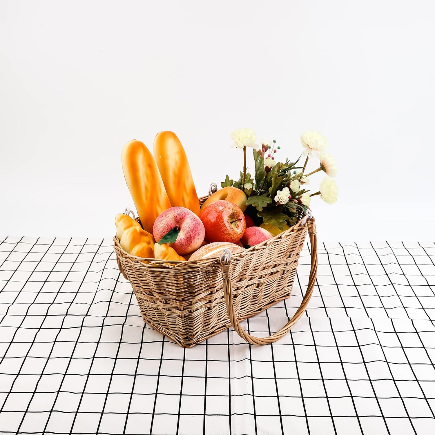 YAHUAN Rectangular Wicker Storage Baskets with Collapsible Handles, Hand Woven Wicker Basket for Shopping Picnic Garden Easter Candy