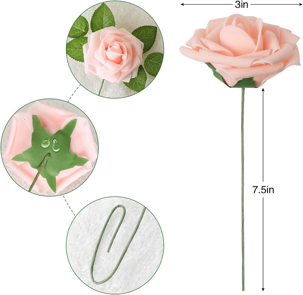 AmyHomie Artificial Flower Blush Pink Rose 50pcs Real Looking Fake Roses w/Stem for DIY Wedding Bouquets Centerpieces Arrangements Party Baby Shower Home Decorations