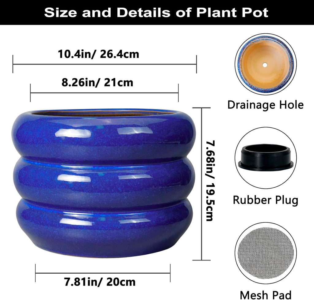 SQOWL Ceramic Plant Pot - 10 Inch Planter for Outdoor Plants Indoor Plant Pot with Drainage Hole Large Planter Decorative Modern Flower Pot for Home Office Decor Blue