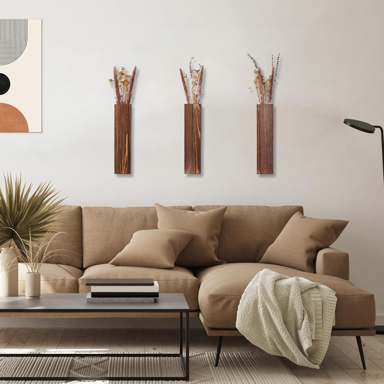 Wooden Wall Planter Set of 3 - Modern Home Decor for Living Room, Bedroom, Bathroom - Walnut Finish Planter for Dried Flowers, Faux Greenery, Indoor Plants