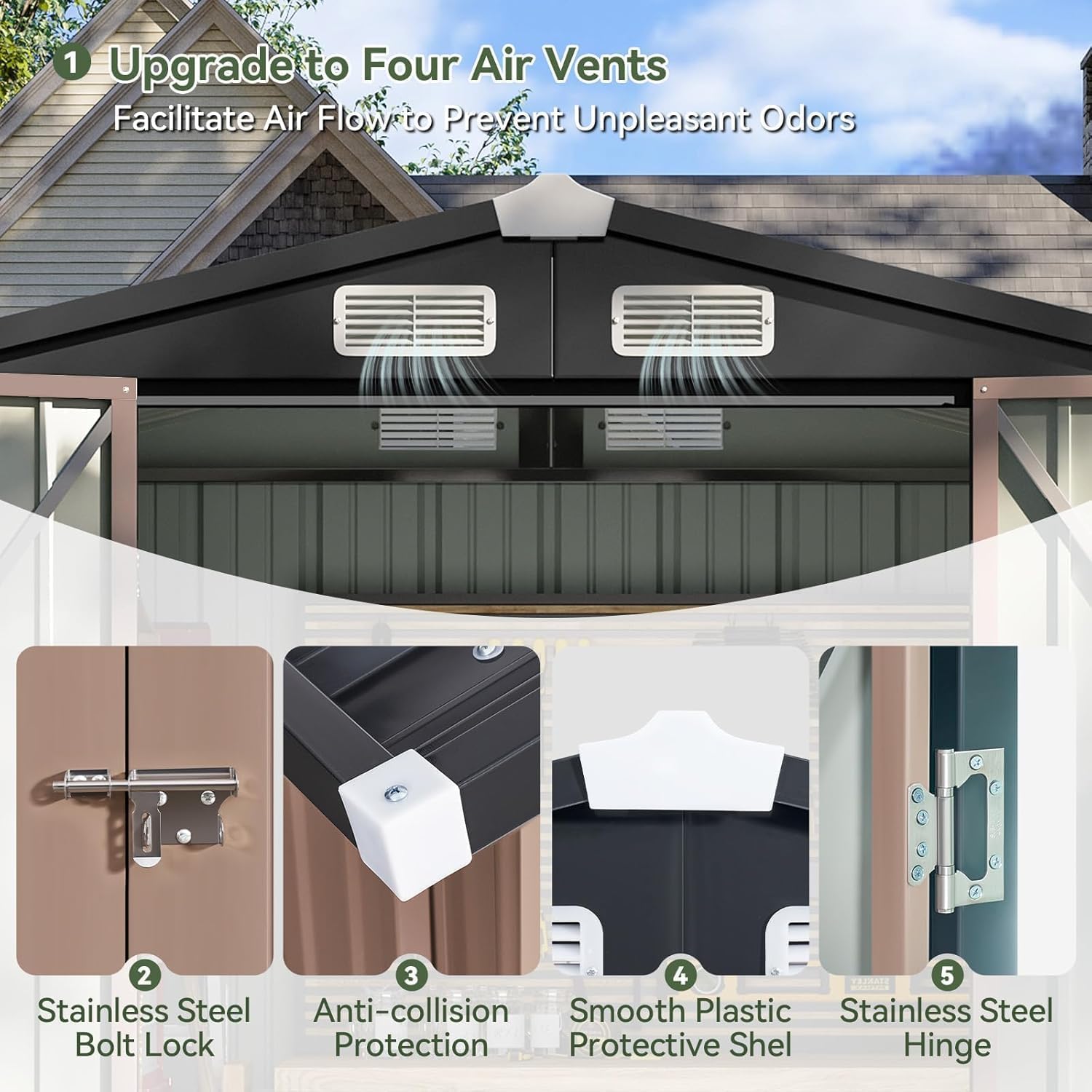 Aoxun 10x8 FT Outdoor Storage Shed with Double Hinged Large Door Utility Garden Shed with Lockable Door & Sloped Roof Metal Sheds Outdoor Storage for Garden, Backyard, Patio and Backyard, Brown