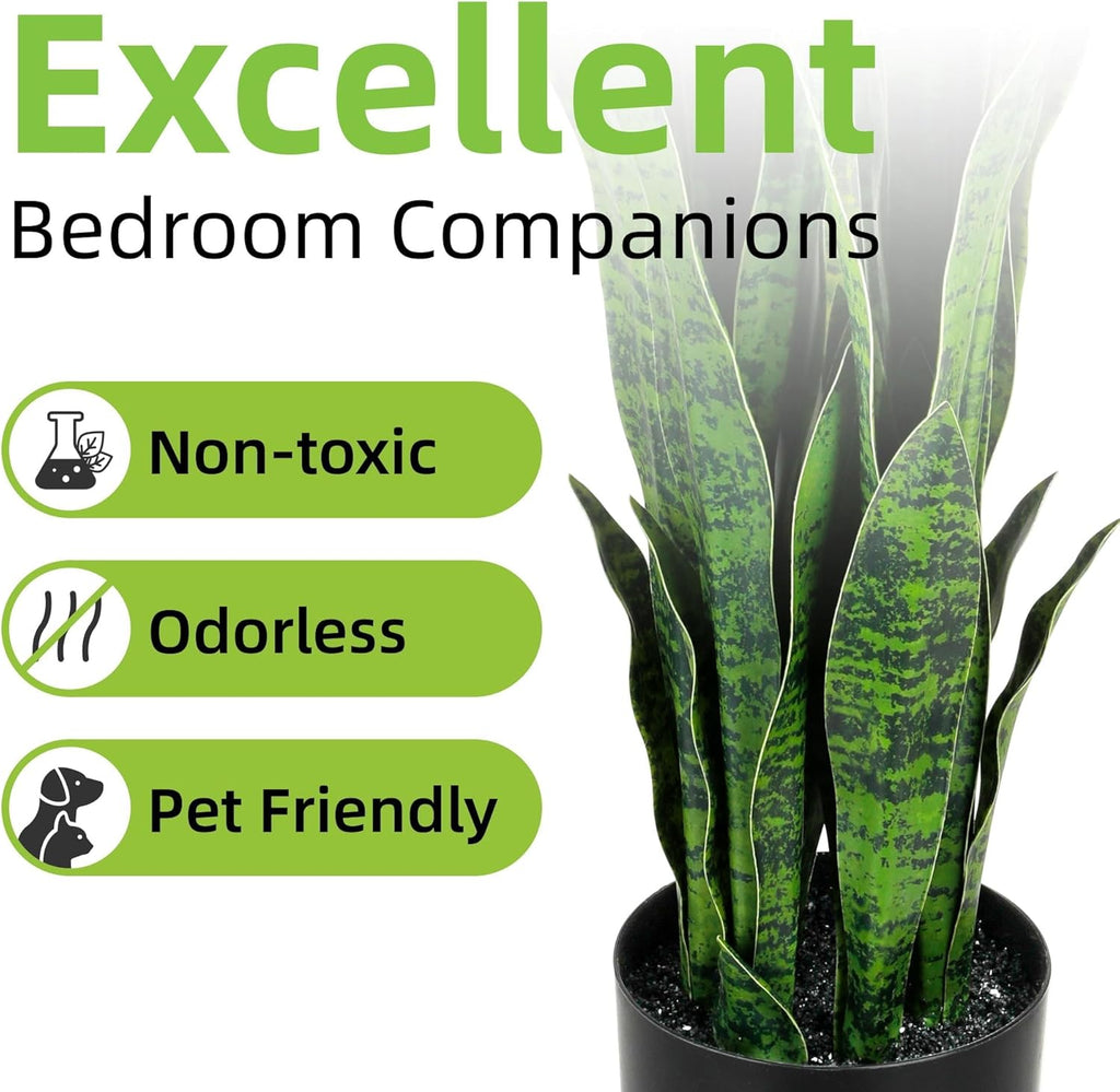 KOL 3ft 2-Pack Artificial Snake Plant - 32 Thick Lifelike Leaves, Faux Silk Sansevieria for Indoor Home & Garden Decor, 35in Potted Fake Mother-in-Law's Tongue Plants, Green