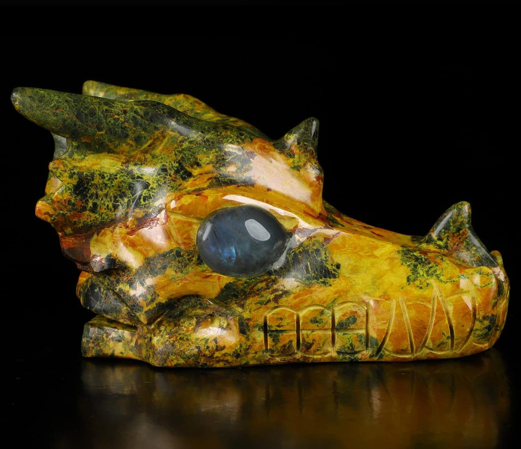 Skullis 5.1" Orpiment Carved Crystal Dragon Skull with Labradorite Eyes. Z8