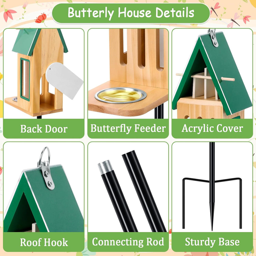 New Upgraded Butterfly House and Feeder for Outside - Wooden Butterfly House with Metal Stake for Garden Backyard, Natural Butterflies Habitat with Puddler on Floor or Hanging on Tree Wall