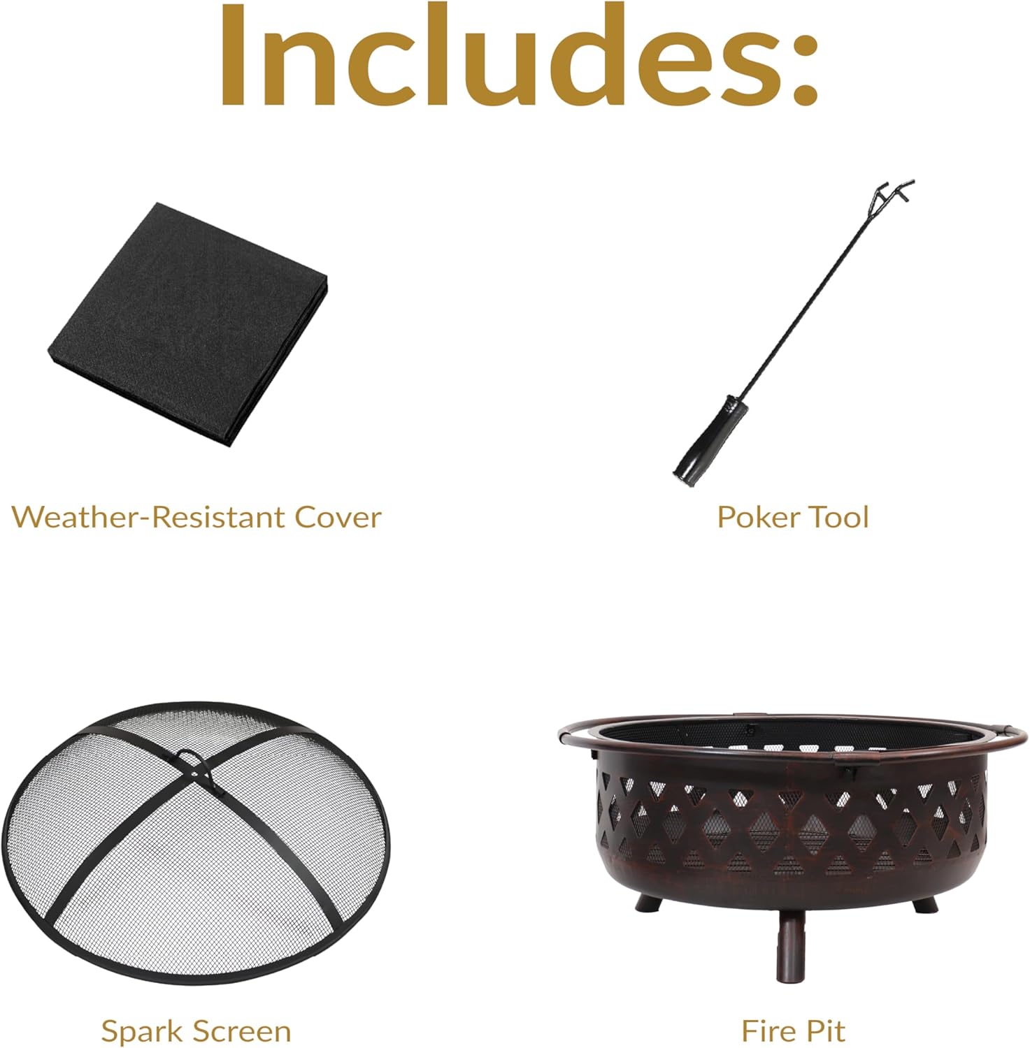 Sunnydaze Crossweave Outdoor Fire Pit - Wood-Burning Fire Pit for Outside with Spark Screen, Poker and Round Cover - 36-Inch - Bronze