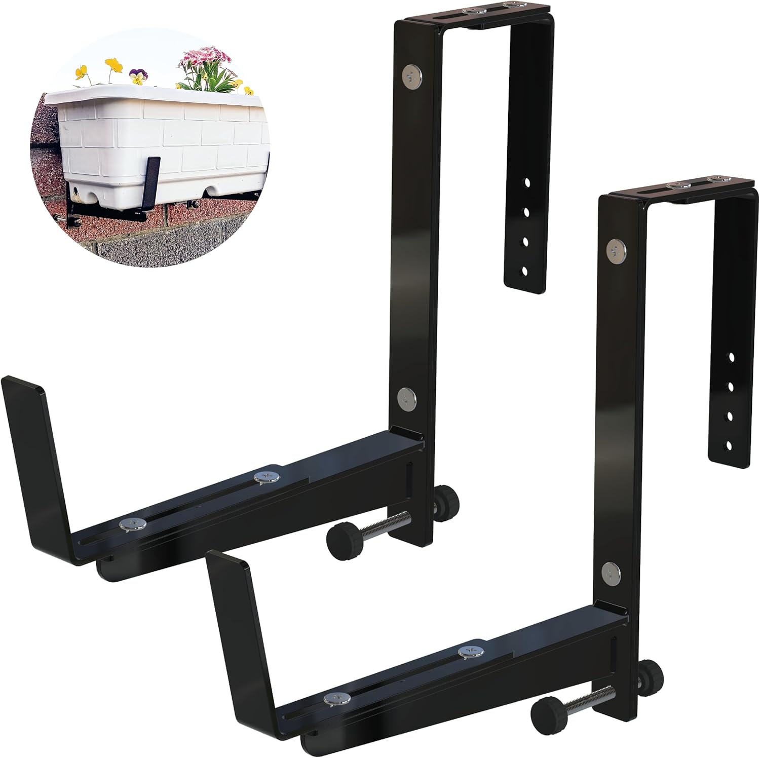 Window Box Brackets for Railing- 2 Pcs Adjustable Planter - Sturdy, Stable Flower Box Brackets for Railings, Balconies and Fences- Upright Railing Plant Holder (Black 2 Pack)