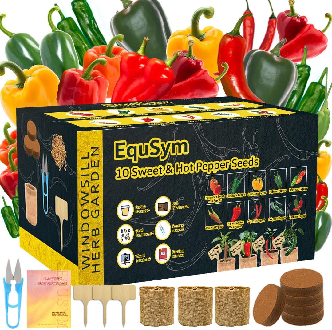 10 Pepper Seeds Window Garden Kit - Hot & Sweet Peppers Seeds for Indoor & Outdoor Planting, Gardening Gift for Kids, Moms, Women, Beginners, Complete Starter Kit Vegetable Garden Starter