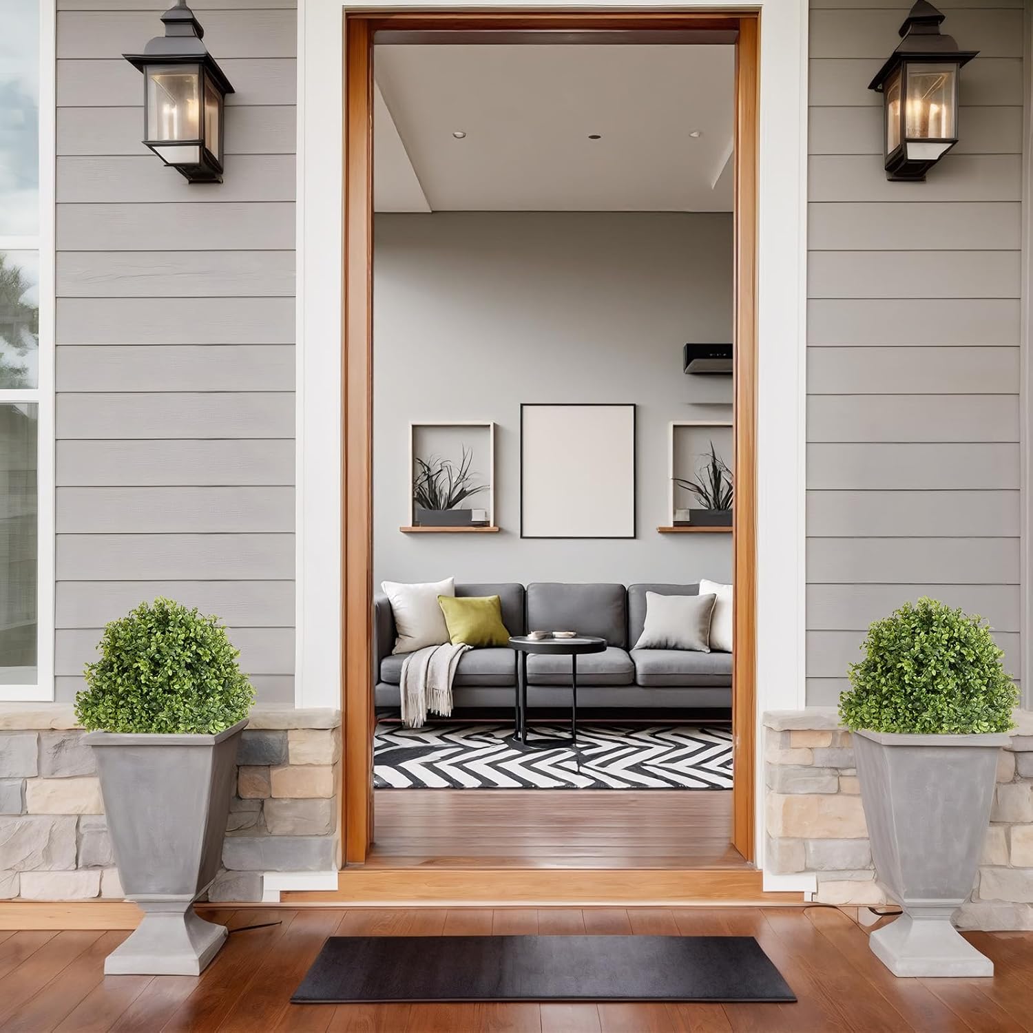 27" Tall Artificial Boxwood Ball Topiary Trees Set of 2, UV Resistant Large Faux Plants Outdoor, 2ft Fake Bushes and Shrubs Look Real with Ground Spike for Front Porch Outside Planter Backyard Decor