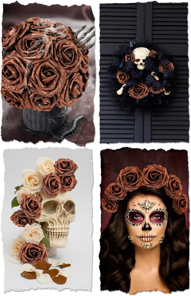 N&T NIETING Artificial Flowers Brown Glitter Flowers Foam 25pcs Roses Real Looking Fake Roses with Stem for DIY Wedding Bouquets Centerpieces Bridal Shower Party Home Decorations