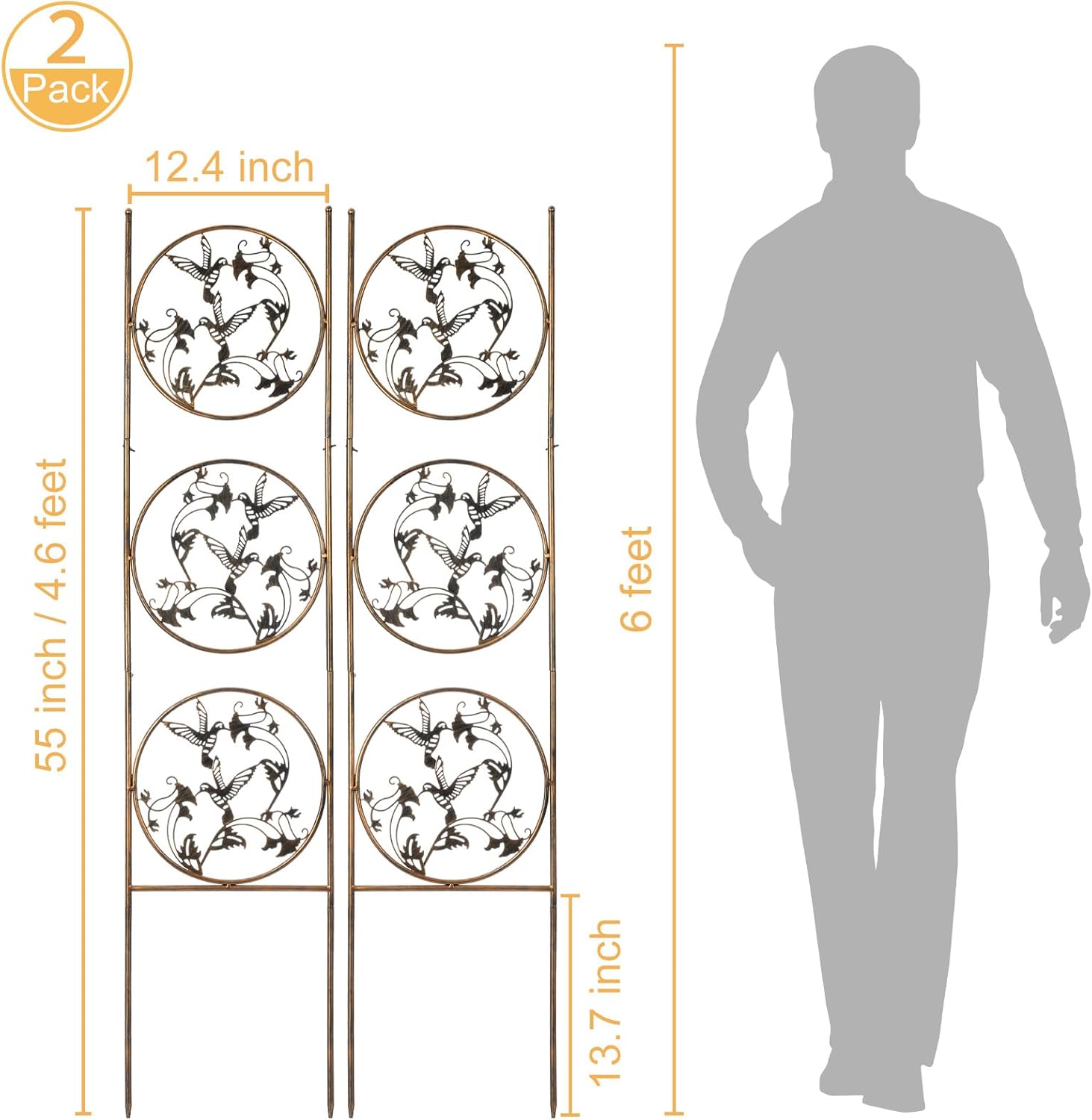 SUNNYPARK Set of 2 Hummingbird Metal Garden Trellis for Climbing Plants, Decorative Vegetables Flowers Vine Trellis for Outdoor Patio 55'' H x 12.4'' W