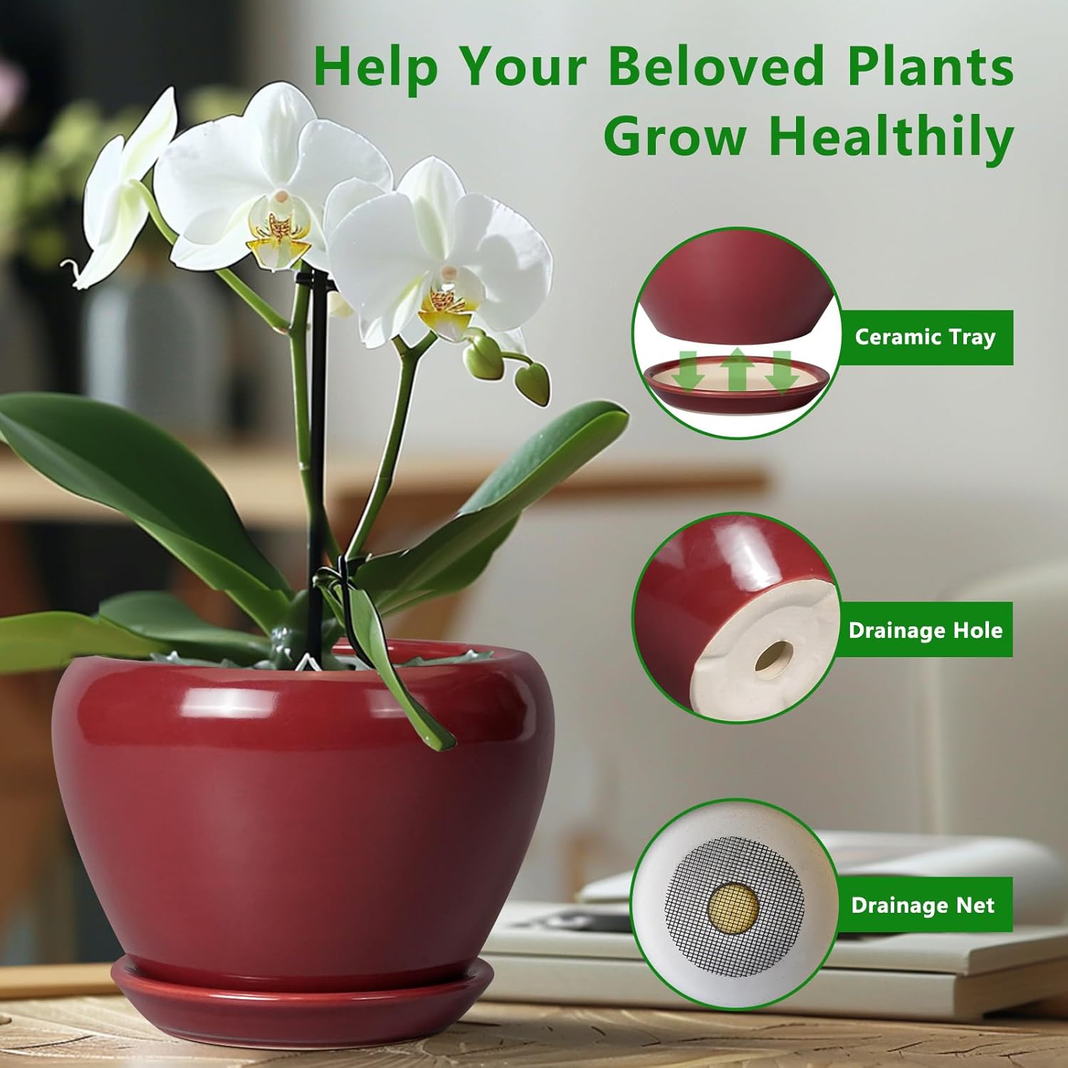 10 Inch Plant Pot - Ceramic Planter Pot with Drainage Hole and Saucer Large Planter for Indoor Plants Round Outdoor Flower Pot Mid-Century Decor Red