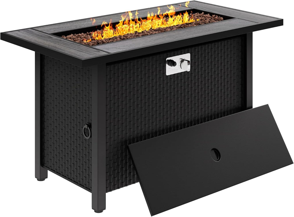 Meilocar 45in Fire Table, Propane Fire Pit with Red Lava Rocks and Rain Cover, Outdoor Firepit Table with Tile Top 50000 BTU 2-in-1 Fire Table for Patio/Yard/Balcony, Gray Tabletop